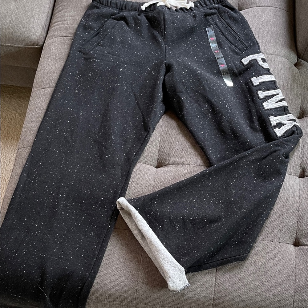 NWT Victoria’s Secret PINK Black Speckled Boyfriend Fleece Sweatpants M